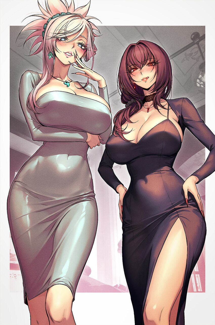 2girls black dress blue eyes blush breasts cleavage commentary dress earrings fate/grand order fate (series) grey dress grin highres jewelry large br…