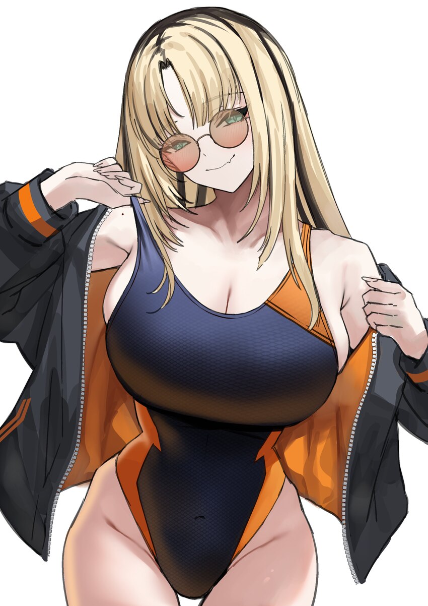 1girl absurdres alternate costume black jacket black one-piece swimsuit black streaks blonde hair breasts cleavage closed mouth competition swimsuit …