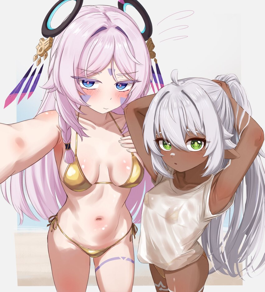 2girls adjusting hair alternate costume armpits arms behind head bikini blue eyes blush breasts breasts apart citlali (genshin impact) closed mouth c…
