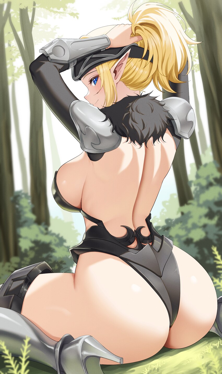 1girl 4ddd absurdres armor ass ass focus back bikini armor blonde hair blue eyes breasts closed mouth commentary elf elven fencer forest from behind …
