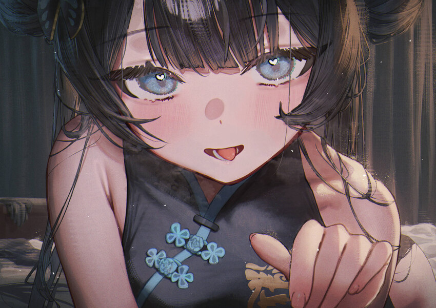 1girl all fours bare shoulders betanonbeet black dress black hair blue archive blue eyes blush chinese clothes commentary double bun dress hair bun h…