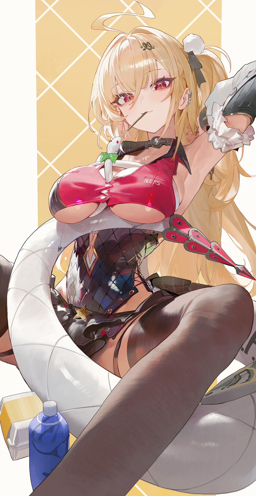 1girl absurdres ahoge arm up armpits black leotard black skirt black sleeves black thighhighs blonde hair breasts chalky (zenless zone zero) cissia (…