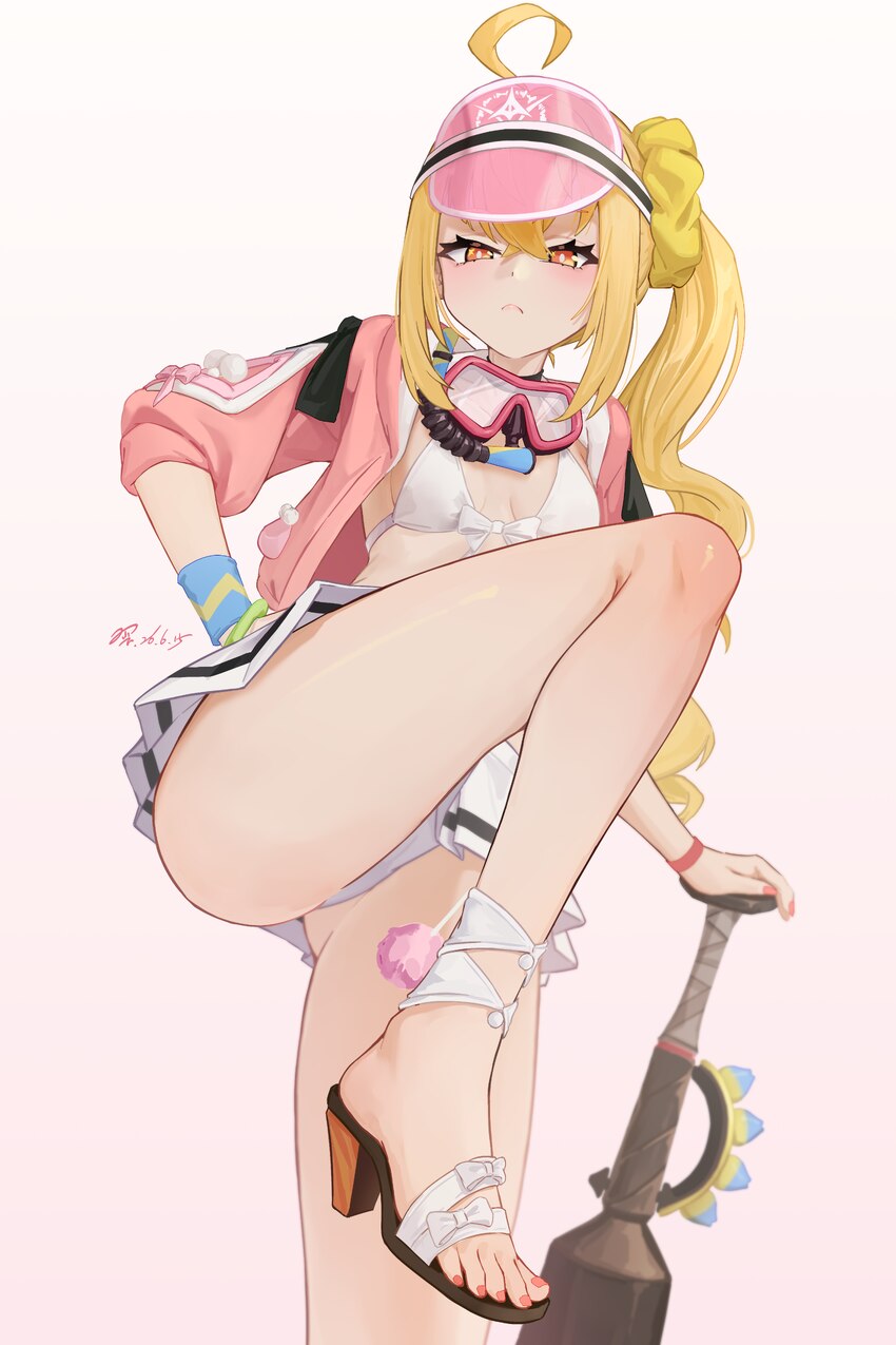 1girl absurdres ahoge ankle ass baseball bat bikini black choker blonde hair choker collarbone diving mask around neck feet from below hat high heel …