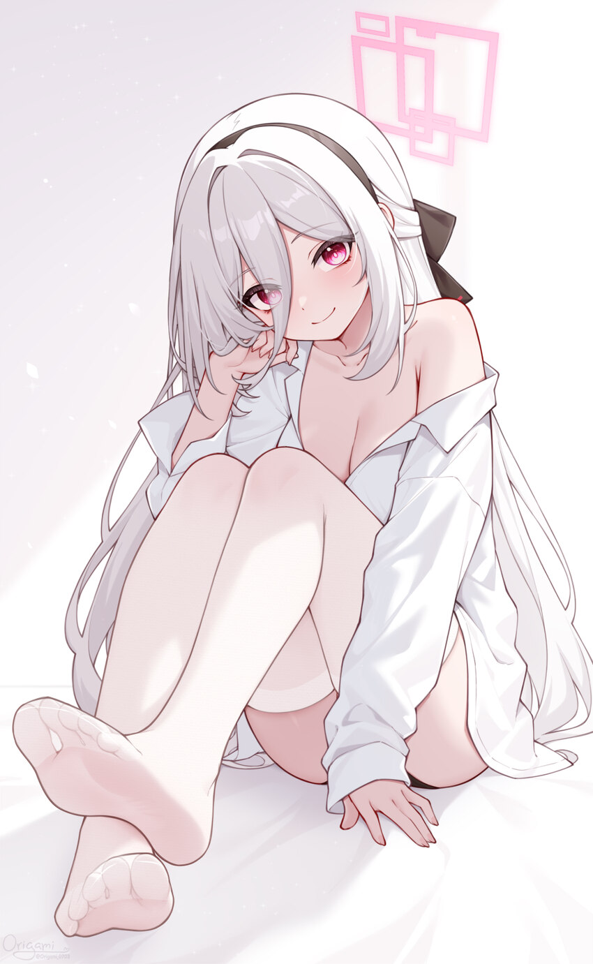 1girl absurdres alternate breast size (larger) alternate costume black hairband blue archive breasts cleavage closed mouth commentary feet foot focus…