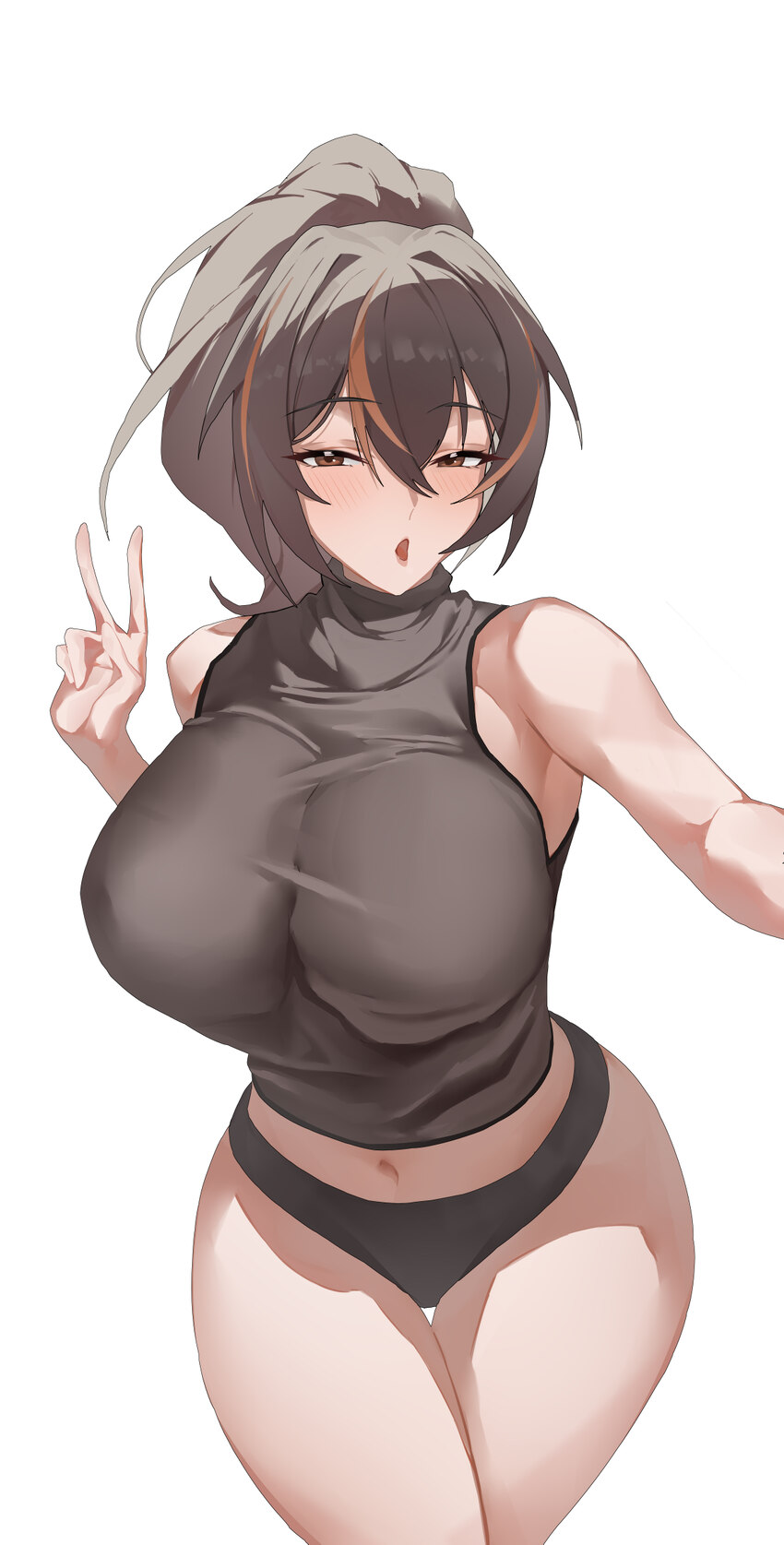 1girl absurdres bare shoulders black hair black panties black shirt blush breasts commentary request curvy highres large breasts long hair looking at…