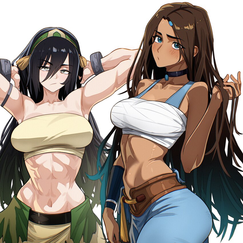 2girls abs absurdres armpits avatar aang  the last airbender avatar legends blind breasts commentary dark-skinned female dark skin green hairband gre…