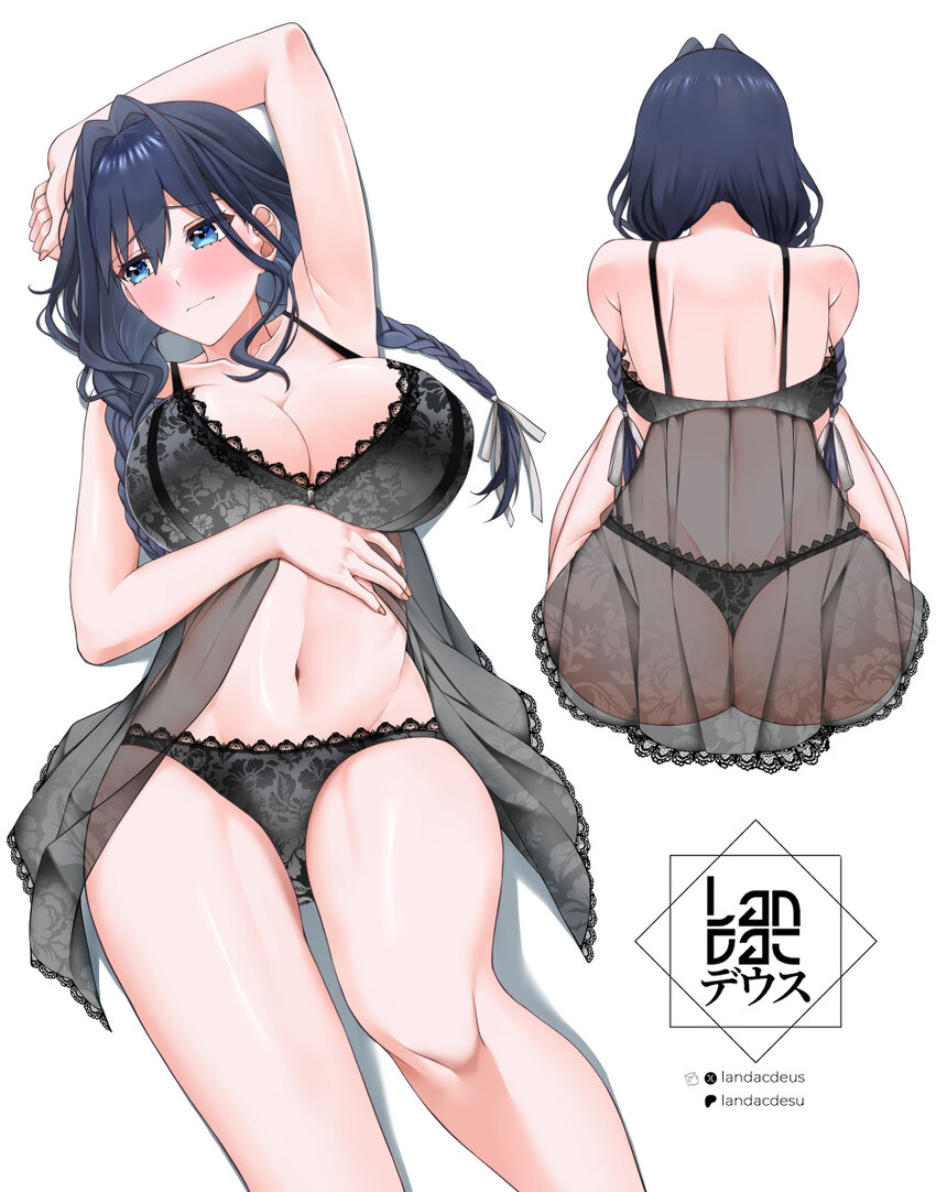 1girl arm behind head arm up armpits ass averting eyes babydoll back black babydoll black panties blue eyes blue hair blush braid breasts cleavage cl…