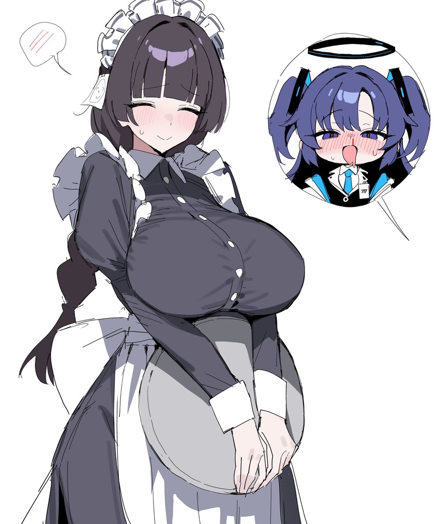 2girls absurdres apron black dress black hair black halo blood blue archive blush braid breasts closed eyes commentary dress enmaided female sensei (…