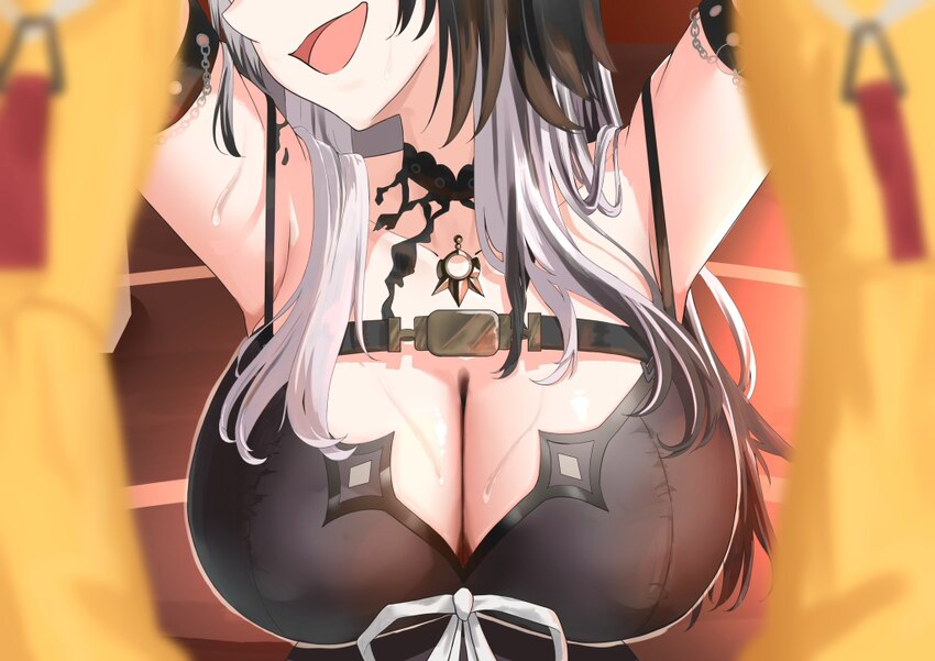 2girls adenoshin1373 arm strap belt black belt black choker black dress black hair blurry blurry foreground breast focus breasts chest belt choker cl…