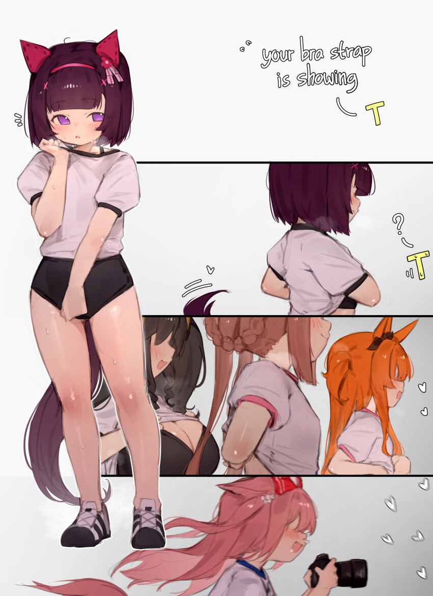 1boy 5girls agnes digital (umamusume) animal ears black bra black buruma black shoes blush bow bra braid braided hair rings breasts brown hair brown …