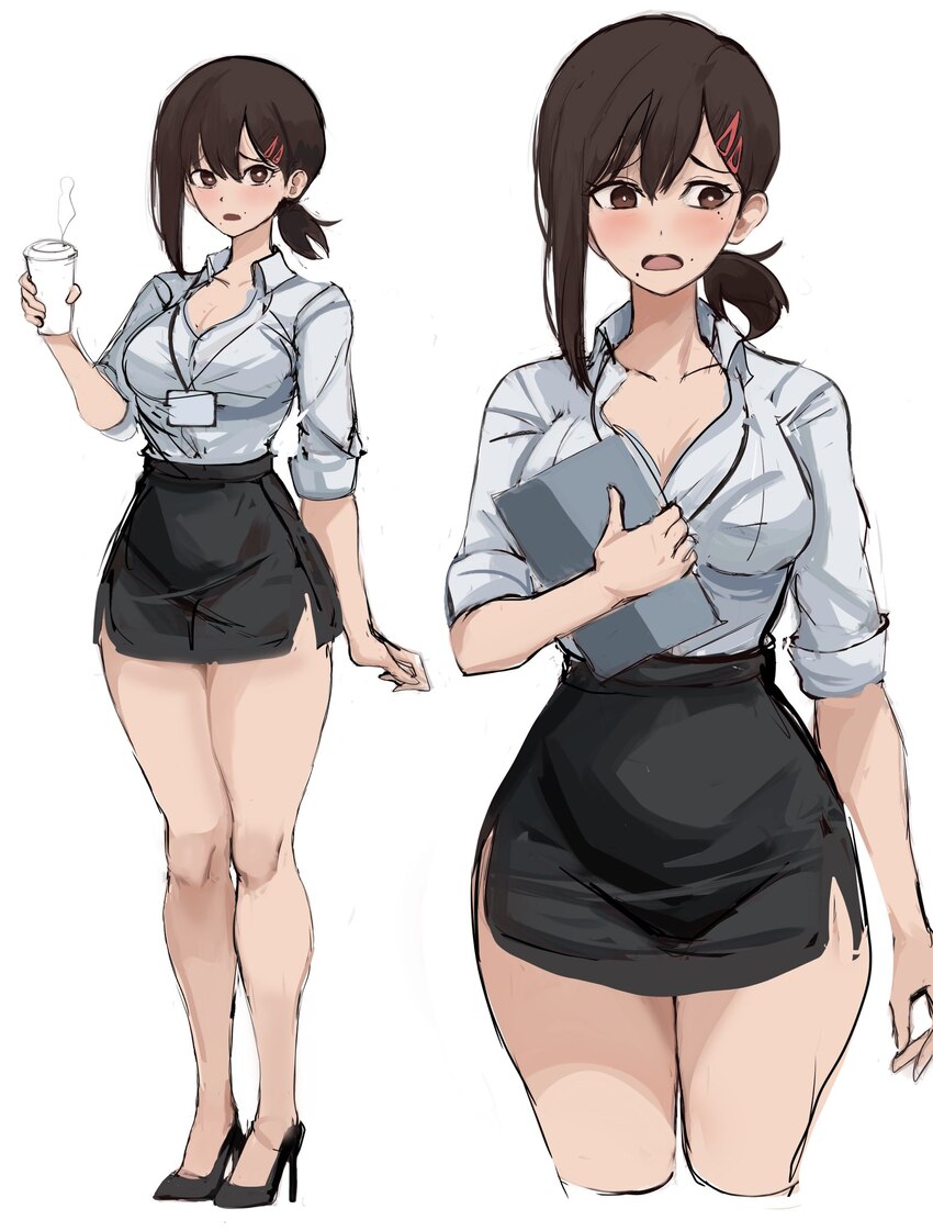 1girl black skirt breasts brown eyes brown hair chainsaw man clipboard commentary cup disposable coffee cup disposable cup english commentary higashi…