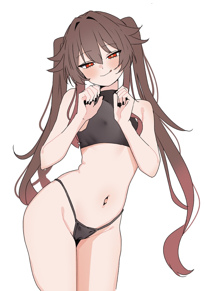 1girl absurdres black panties breasts brown hair commentary request covered nipples cowboy shot crop top genshin impact highres hu tao (genshin impac…