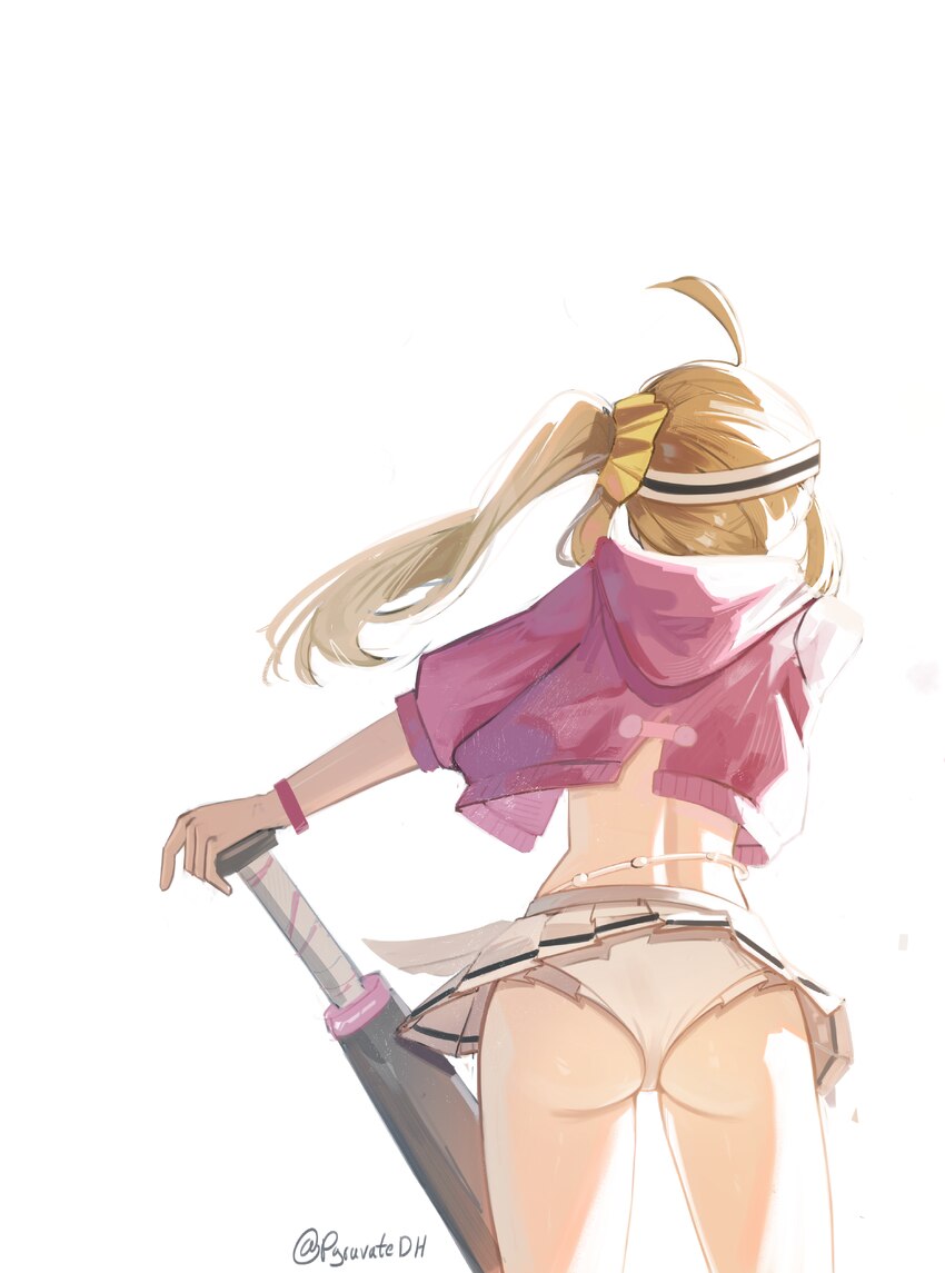 1girl absurdres ass baseball bat bikini blonde hair blush commentary from behind highres holding holding baseball bat holding weapon jacket long hair…