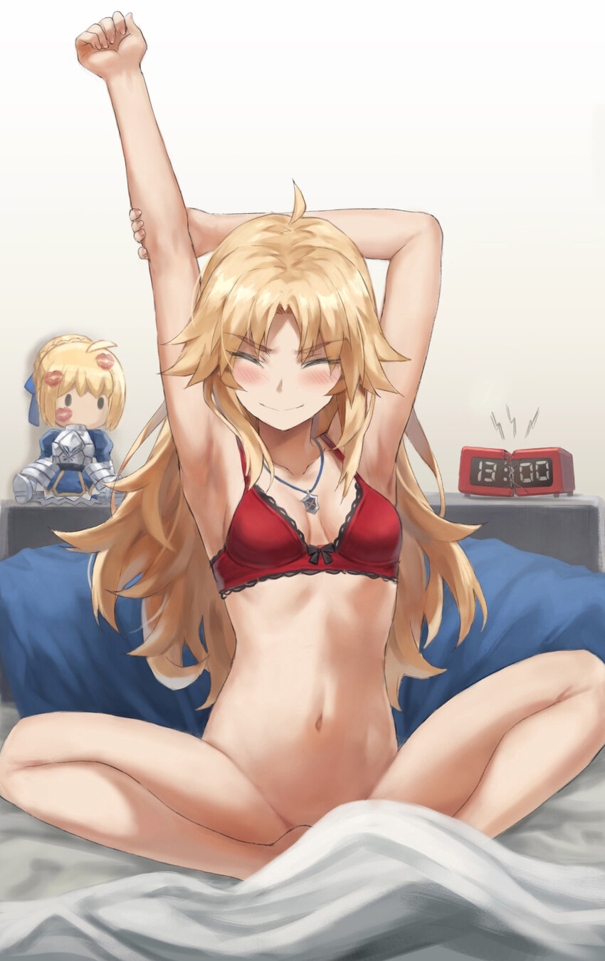 1girl alarm clock armpits arms up artoria pendragon (fate) bed sheet bedroom blonde hair blush bottomless bra breasts buttons cleavage clenched hand …