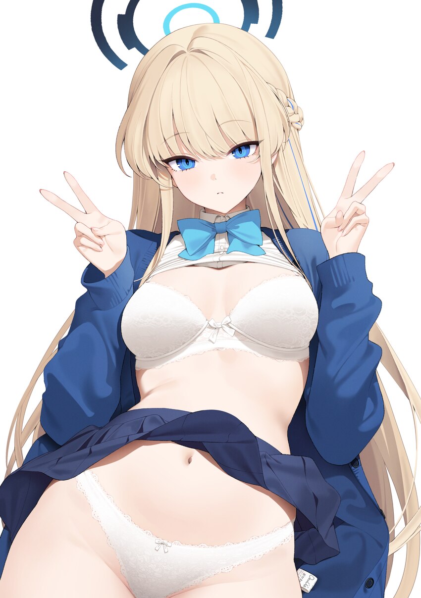 1girl blonde hair blue archive blue bow blue bowtie blue coat blue eyes blue halo blue skirt bow bowtie bra breasts clothes lift coat commentary doub…