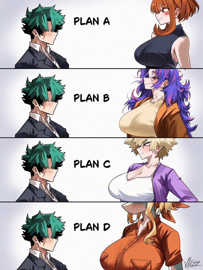 1boy 4girls absurdres age difference artist name bakugou mitsuki black sweater blonde hair blush boku no hero academia breasts brown hair commentary …