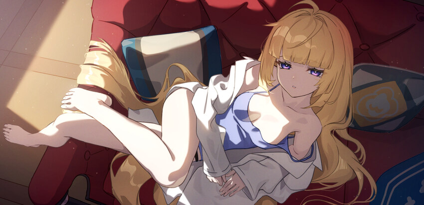 1girl ahoge barefoot blonde hair breasts coat commentary request couch feet highres long hair looking at viewer medium breasts messy hair nightgown n…
