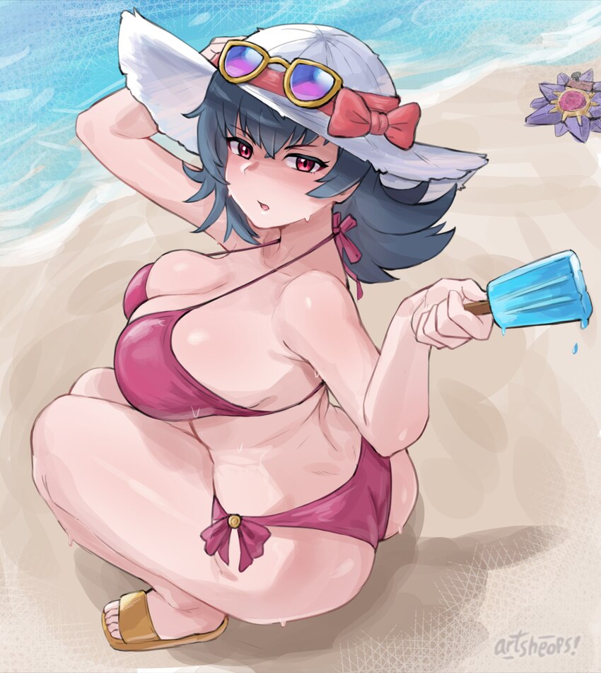 1girl absurdres artsheops ass beach bikini black hair breasts cleavage commentary english commentary eyewear on headwear food hat highres looking at …
