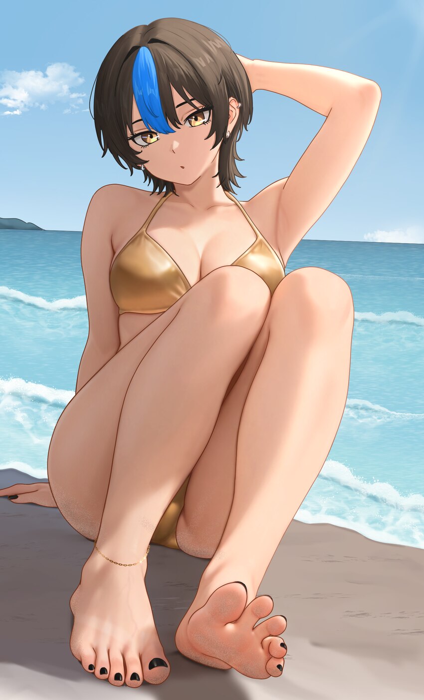 1girl  o anklet arm up armpits arms behind head bare shoulders barefoot beach bikini black hair black nails blue sky blue streaks breasts brown eyes …