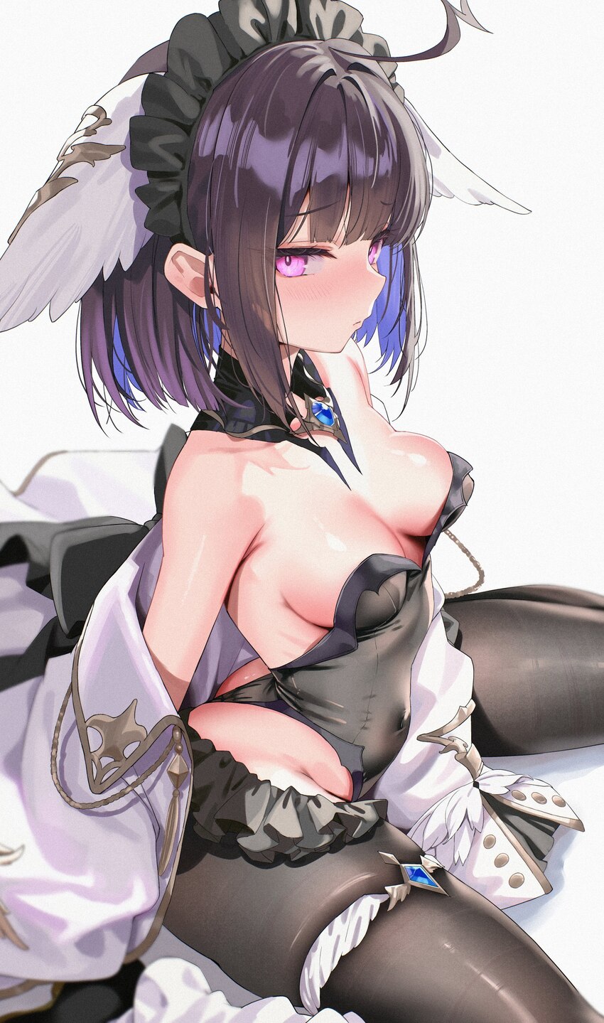 1girl absurdres ahoge azur lane bare shoulders blue hair blush breasts brown pantyhose coat colored inner hair commentary request detached collar hea…