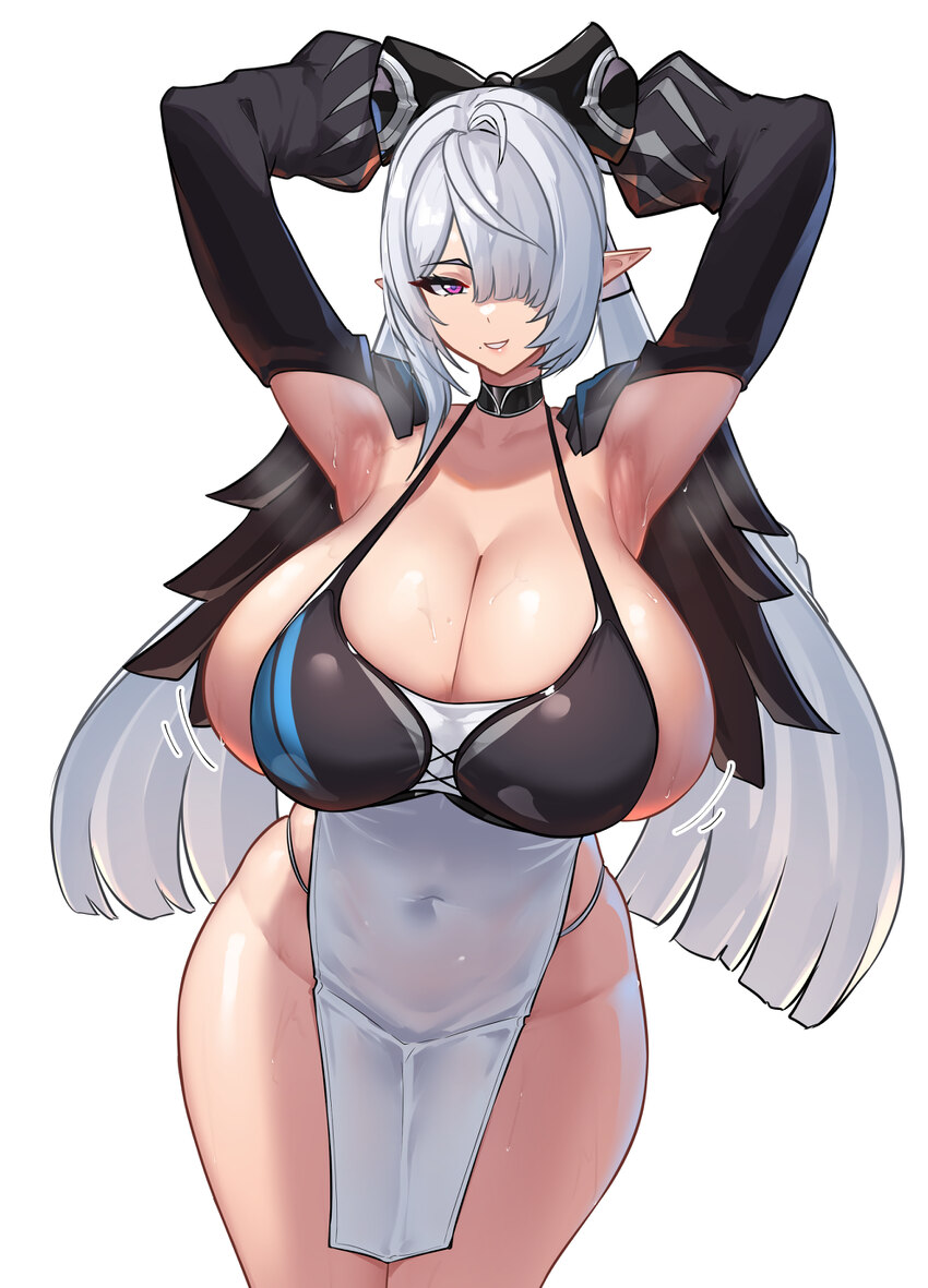 1girl absurdres armpits breasts commentary request hair over one eye highres huge breasts long bangs long hair looking at viewer nicchi official alte…