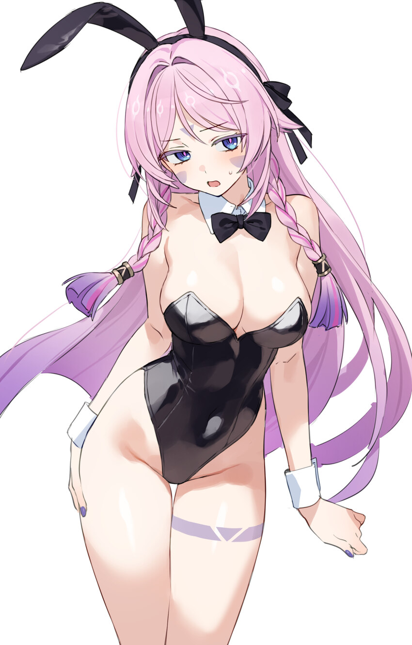 1girl alternate costume animal ears bare shoulders black bow black bowtie black leotard black ribbon blue eyes bow bowtie braid breasts citlali (gens…