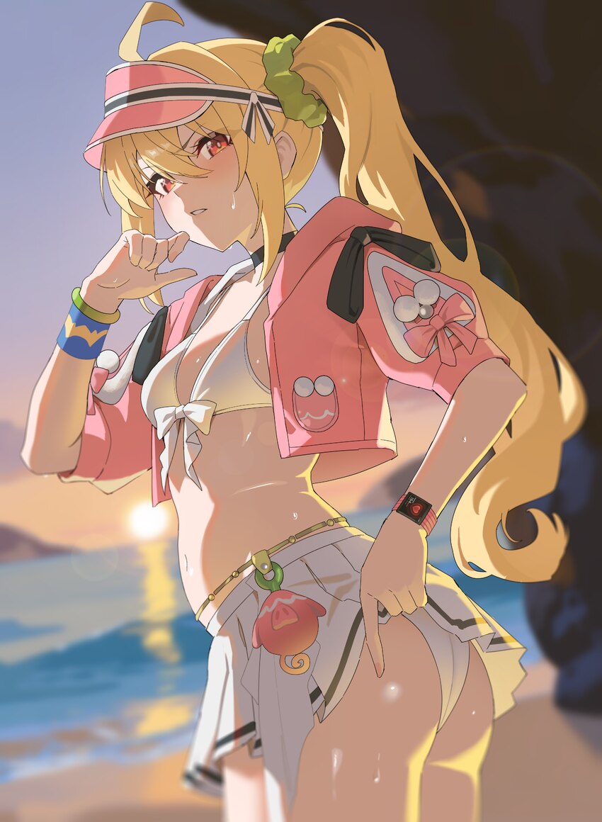 1girl absurdres ahoge ass beach bikini bikini skirt blonde hair blurry blurry background breasts clothes lift commentary cropped jacket from side hai…