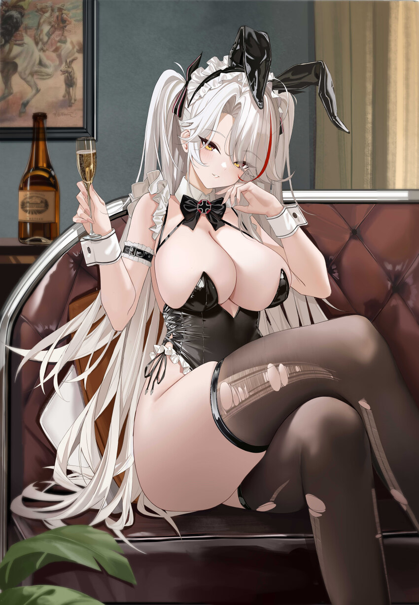 1girl absurdres animal ear hairband animal ears azur lane black leotard black thighhighs bottle breasts commentary couch crossed legs cup drinking gl…