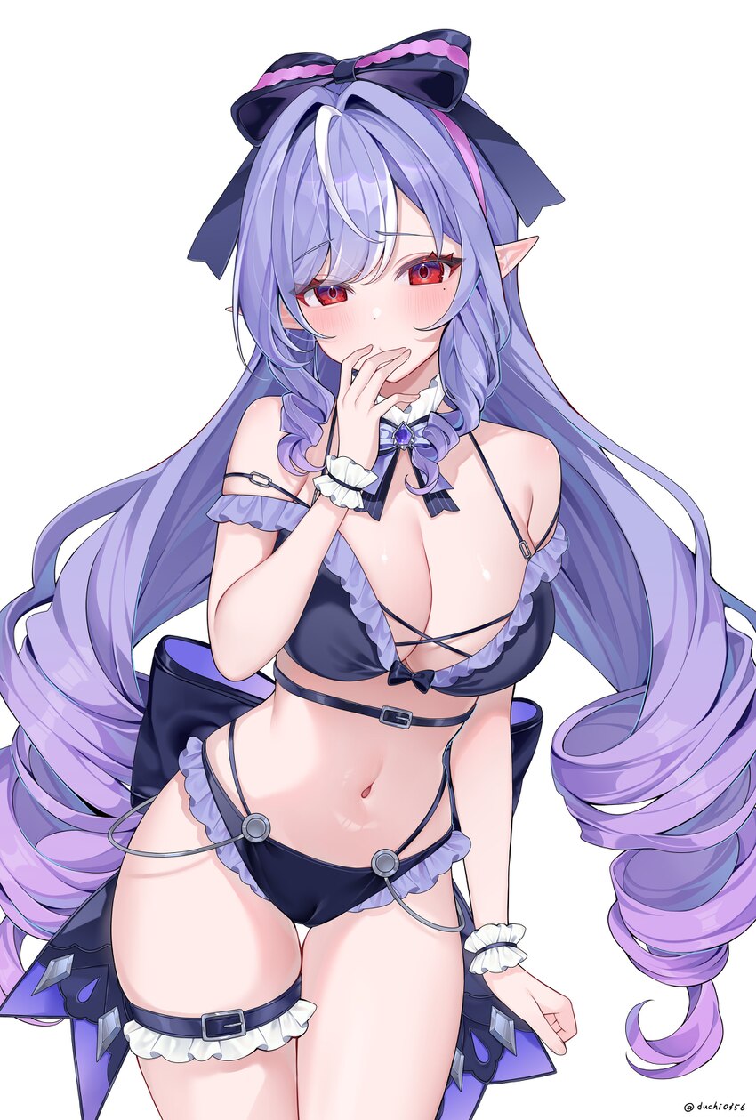 1girl absurdres alternate costume ascot bikini black bikini bow bowtie breasts commentary request covering own mouth drill hair drill sidelocks duchi…