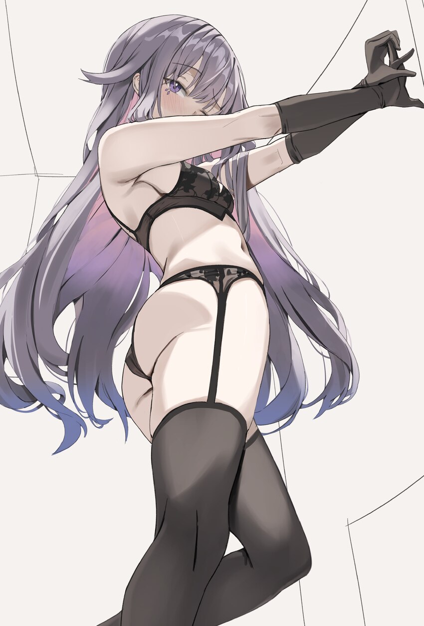 1girl absurdres ass black bra black gloves black panties black thighhighs blue hair blush bra breasts ceiling commentary covered mouth crossed wrists…
