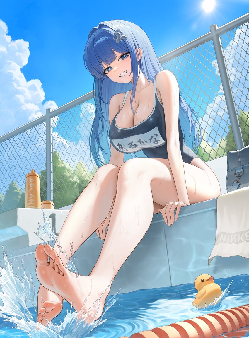 1girl absurdres arcana (fortune mate) (nikke) arcana (nikke) bare arms bare shoulders barefoot blue eyes blue hair blue one-piece swimsuit blue sky b…
