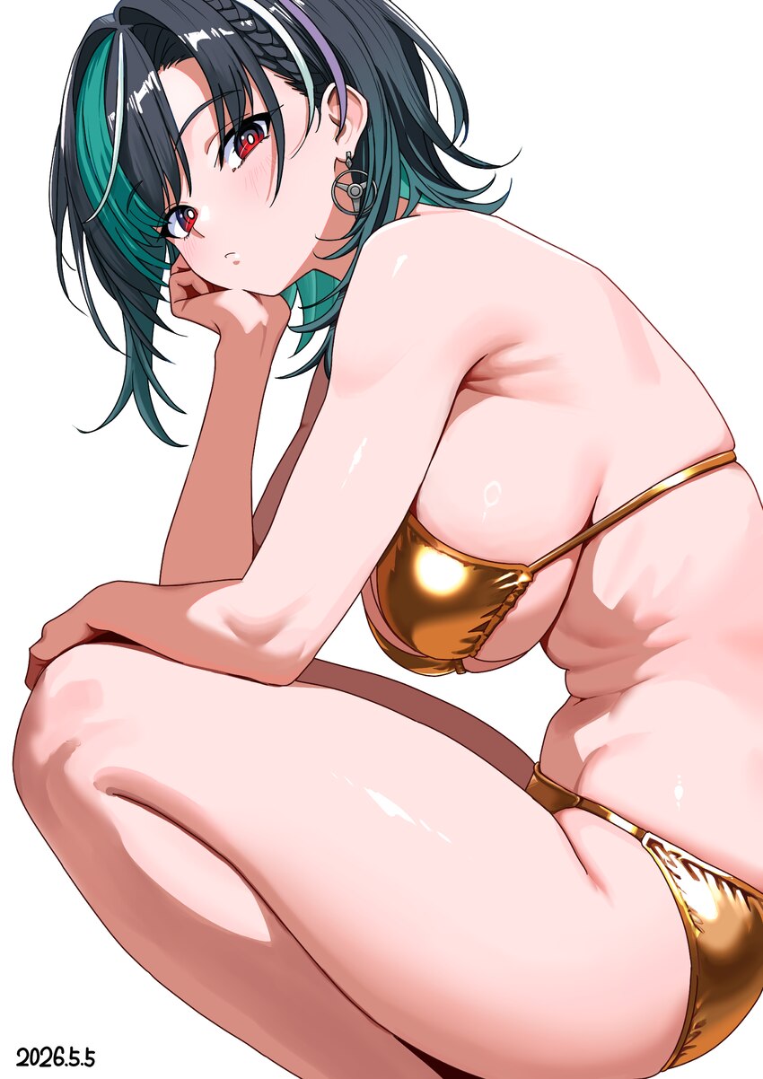 1girl absurdres alternate costume aqua hair bad id bad pixiv id bikini black hair breasts closed mouth commentary earrings gold bikini highres hololi…