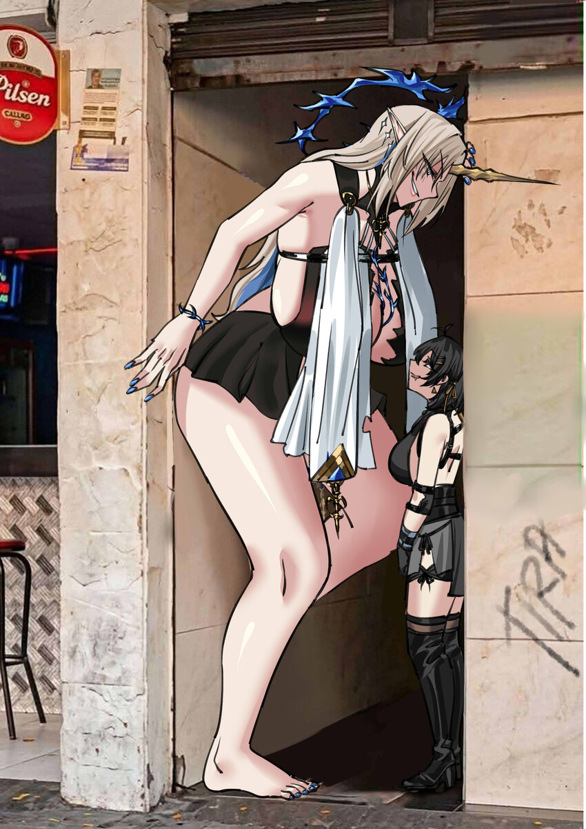 2girls absurdres alley backless outfit barefoot black dress breast curtains breasts chest harness colored inner hair commentary commission cross-lace…