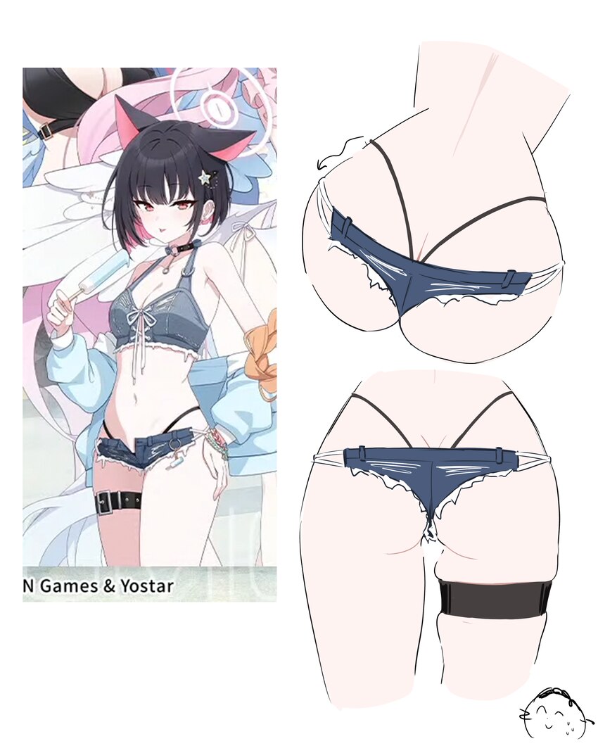 1boy 1girl absurdres animal ears ass ass focus belt black choker black panties blue archive blue shorts breasts butt crack cat ears cat girl choker c…