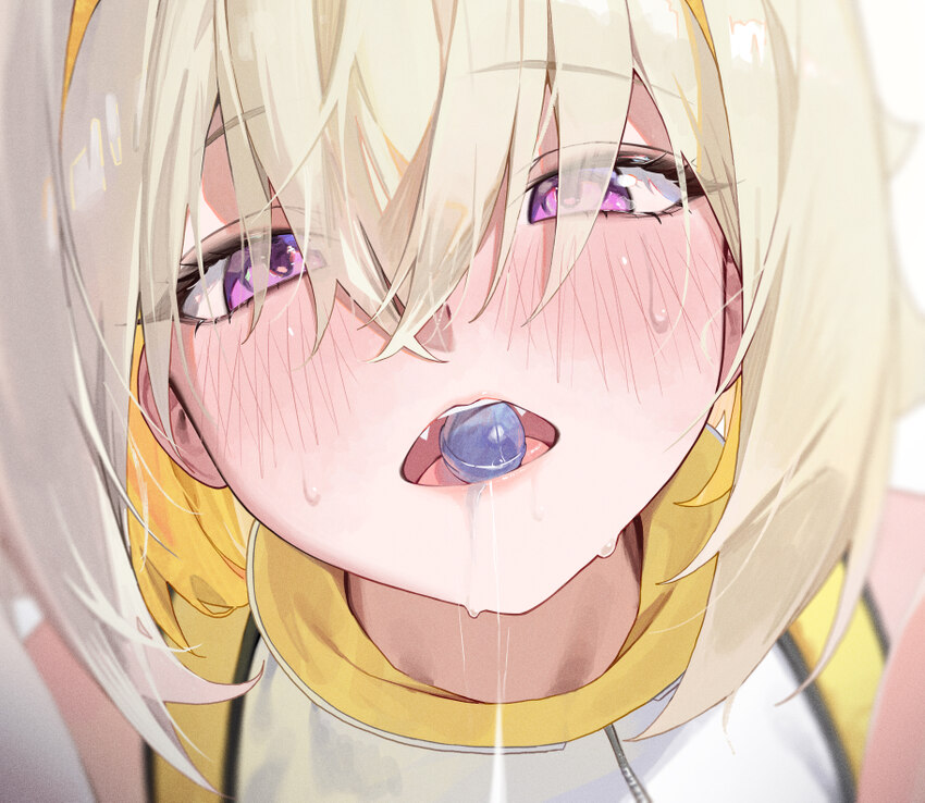 1girl absurdres bare shoulders blonde hair blush candy close-up clothing cutout commentary crossed bangs elegg (nikke) eyes visible through hair food…