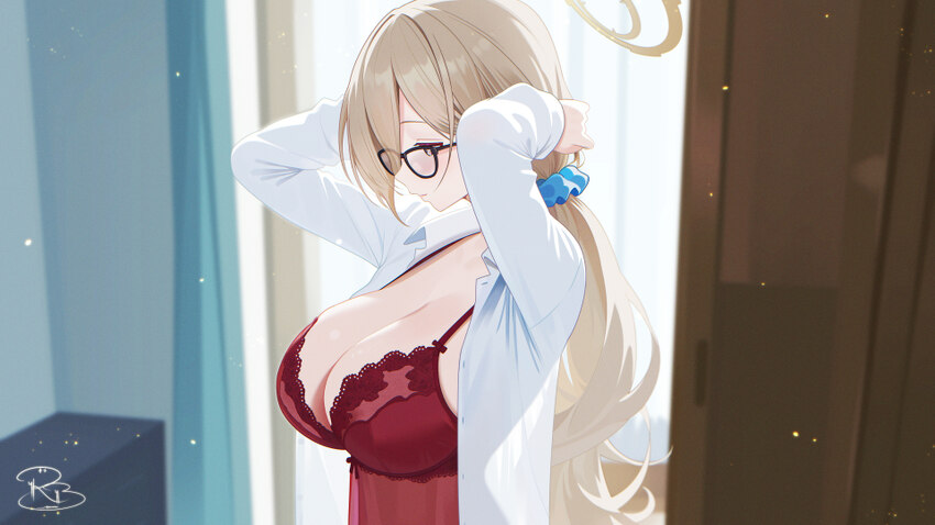 1girl absurdres akane (blue archive) alternate costume babydoll blue archive breasts brown hair brown halo cleavage coat commentary request commissio…
