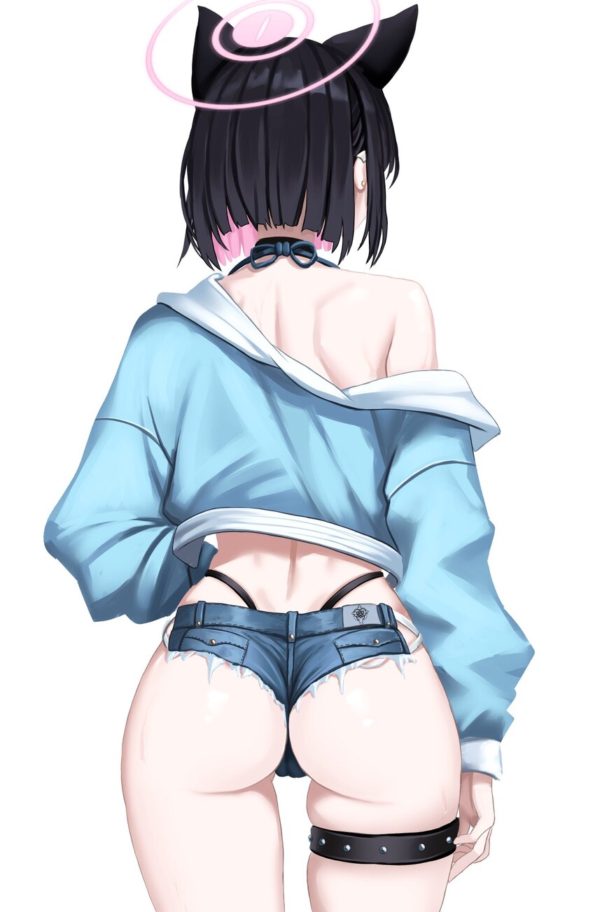 1girl animal ears ass back bikini black hair blue archive breasts cat ears cat girl choker colored inner hair commentary denim denim bikini denim sho…