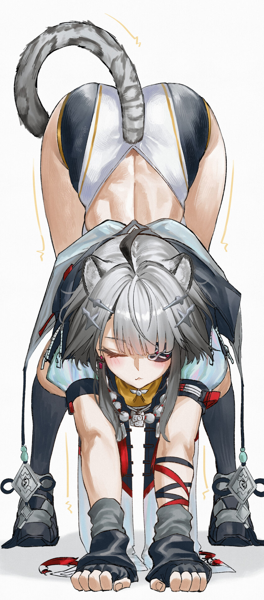1girl absurdres all fours animal ear fluff animal ears arknights arknights  endfield bare back bear position black gloves black shorts black socks ca…