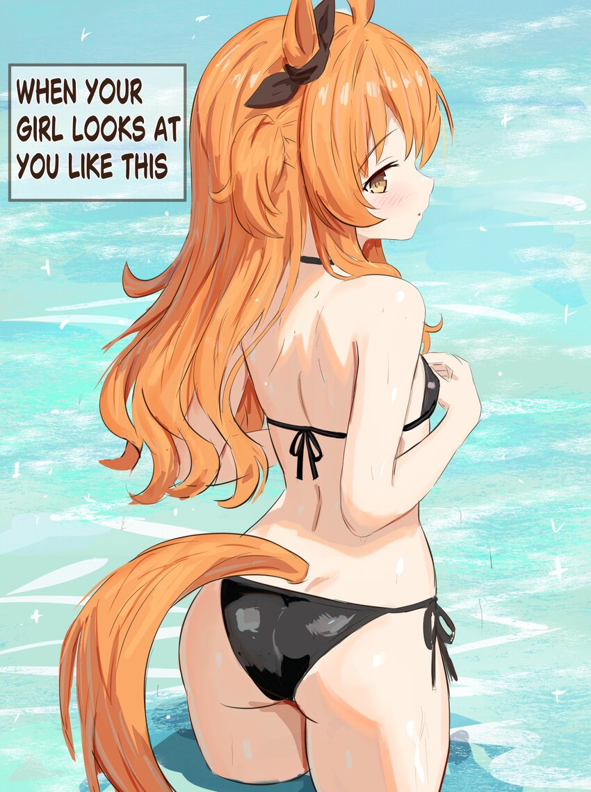 1girl  o absurdres animal ears ass back bare shoulders bikini black bikini blush bow breasts brown ribbon closed mouth commentary cowboy shot day dot…