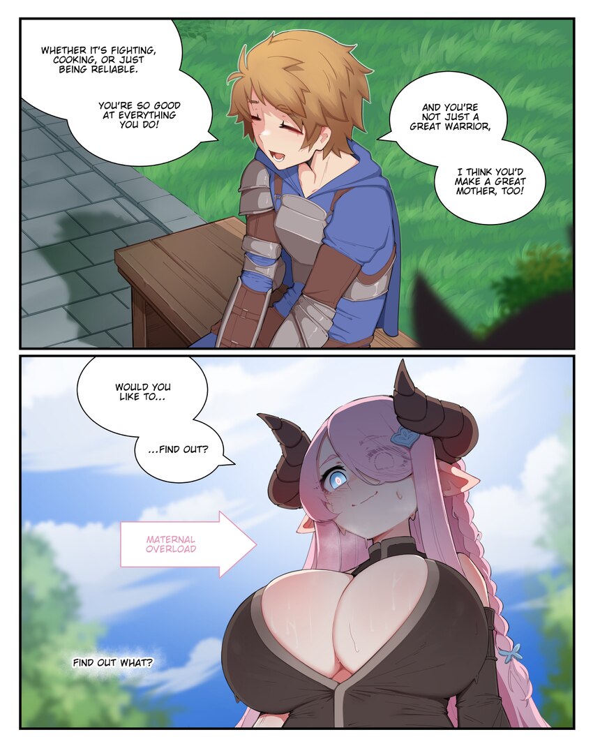 1boy 1girl absurdres blue eyes braid breasts brown hair cleavage commentary draph english commentary english text gran (granblue fantasy) granblue fa…