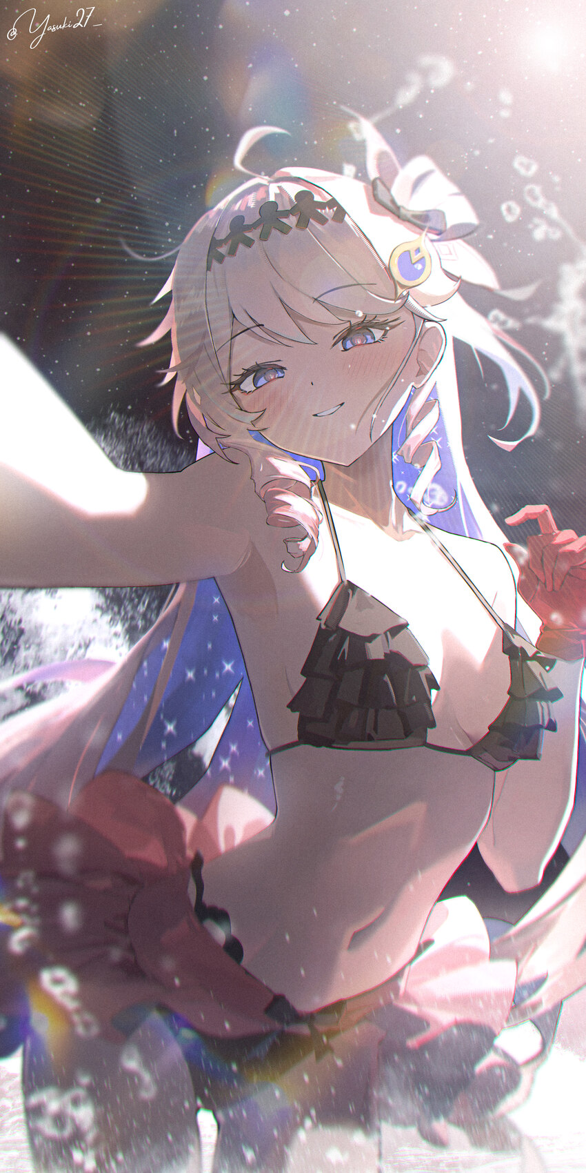 1girl absurdres ahoge bare shoulders bikini bikini skirt black bikini breasts colored inner hair commentary denia (wuthering waves) gloves hair ornam…
