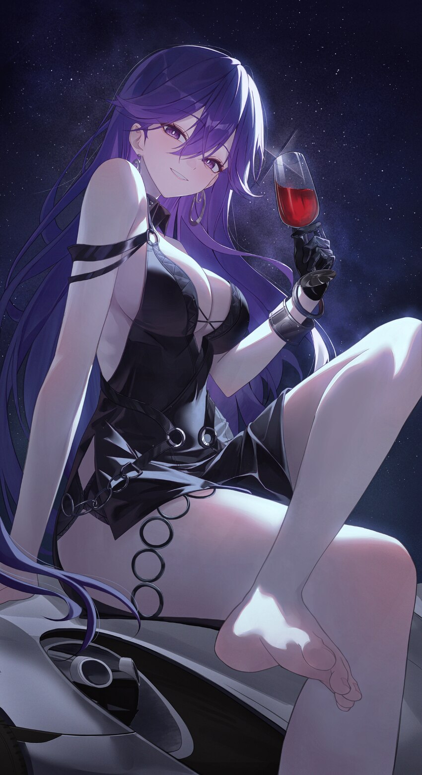 1girl absurdres bangle bare shoulders barefoot black dress black gloves bracelet breasts car commentary crossed legs cup dress drinking glass earring…
