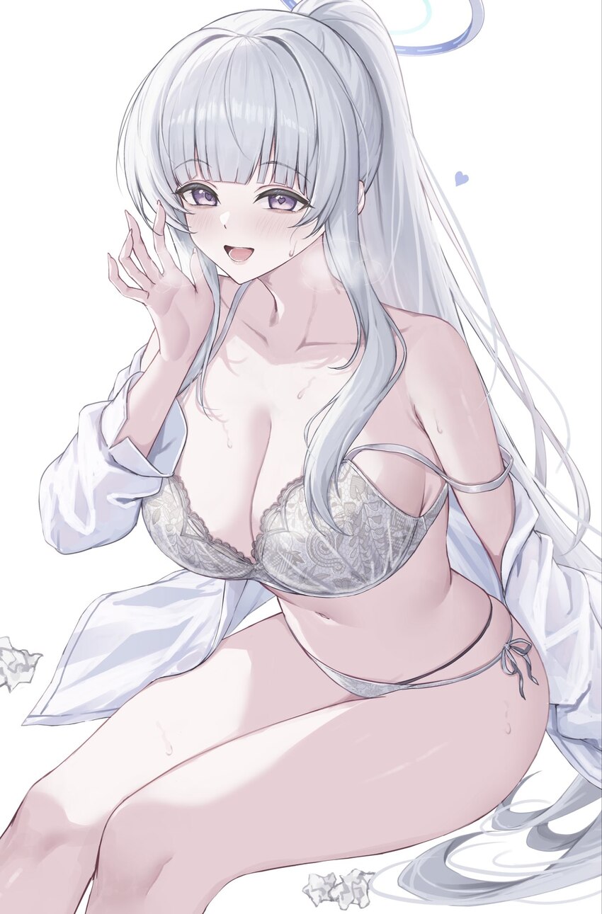 1girl blue archive bra breasts commentary fuchi (0616tk) halo highres lace-trimmed bra lace trim looking at viewer mechanical halo noa (blue archive)…