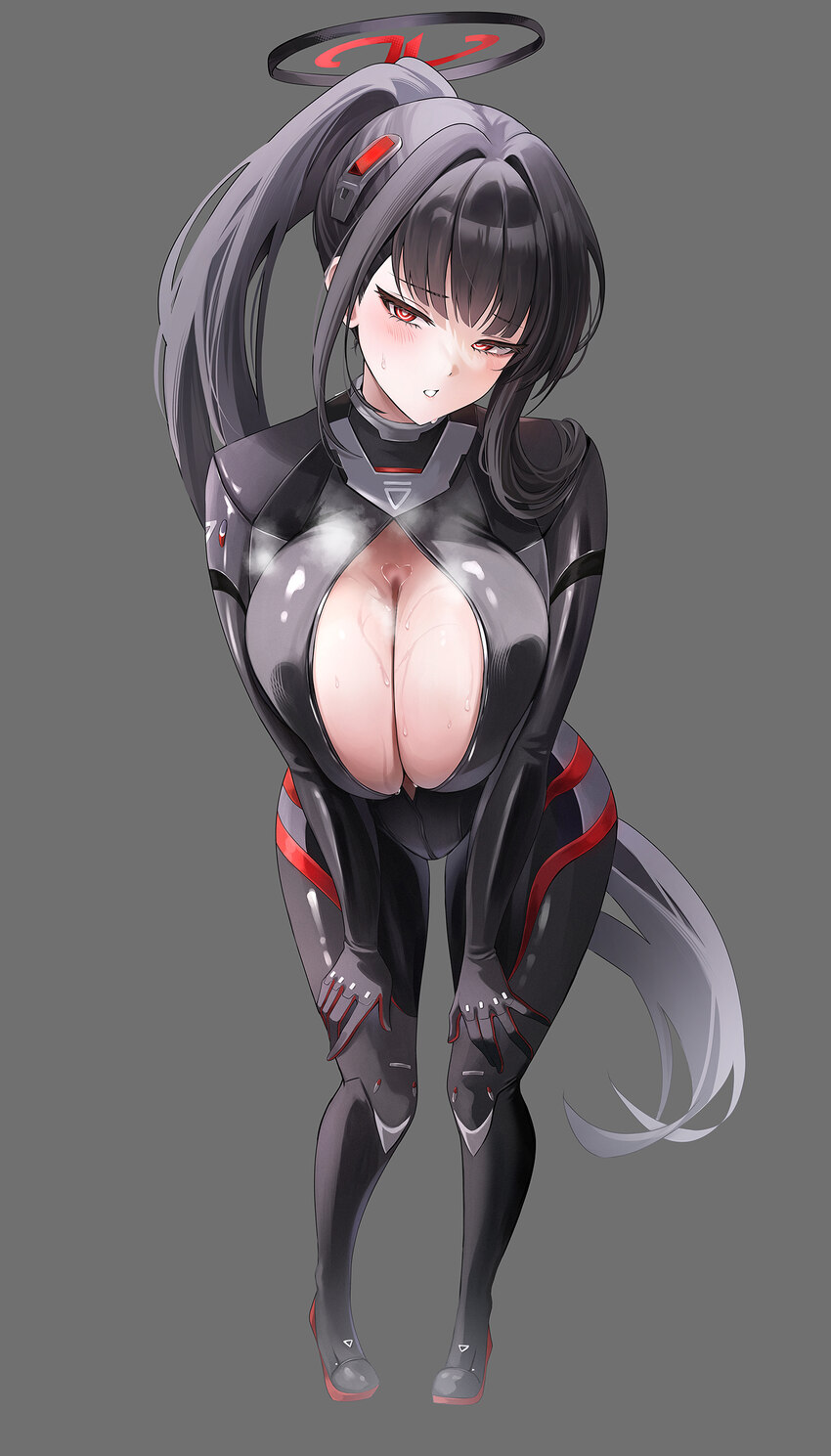 1girl black bodysuit black hair black halo blue archive blush bodysuit breasts bright pupils center opening cleavage commentary full body full cleava…