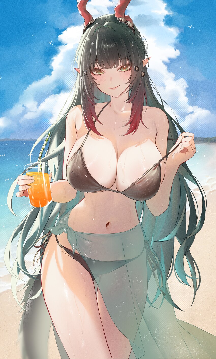 1girl absurdres alternate costume arknights arknights  endfield beach bikini black bikini blue sky blush breasts commentary cup day dragon girl drago…