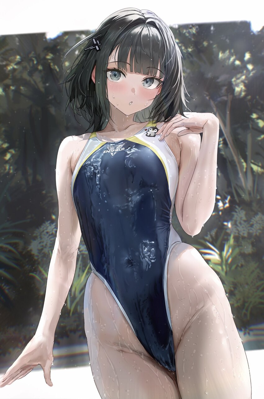 1girl akita hika alternate costume arknights arknights  endfield bare arms bare shoulders black hair black one-piece swimsuit blush clothes writing c…