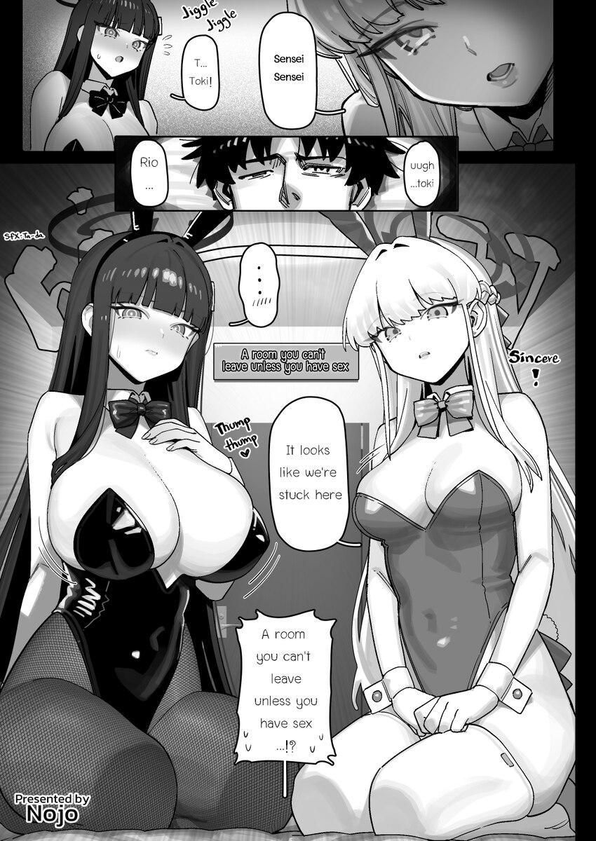 1boy 2girls 9nojo absurdres animal ears bare shoulders bilingual commentary blue archive blunt bangs blush bow bowtie breasts cleavage comic commenta…