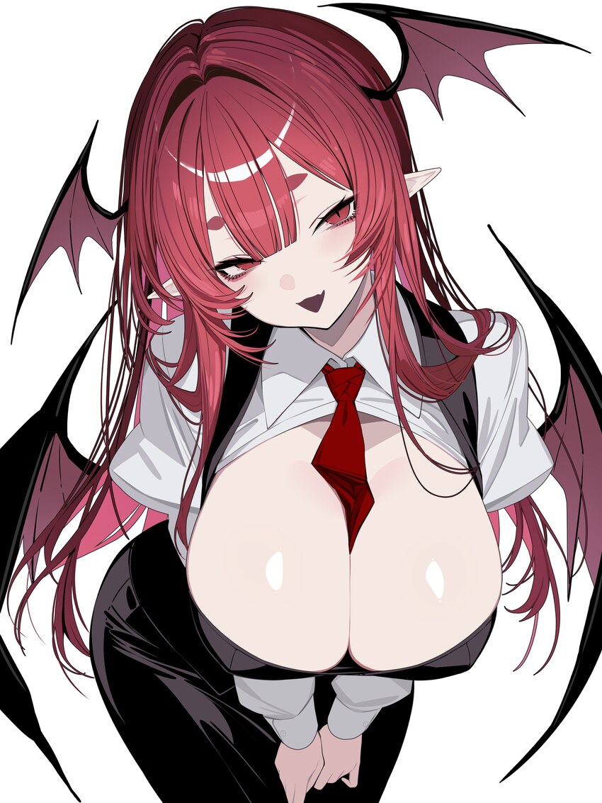1girl absurdres alternate breast size (larger) between breasts black skirt black vest breasts clothes between breasts collared shirt commentary demon…