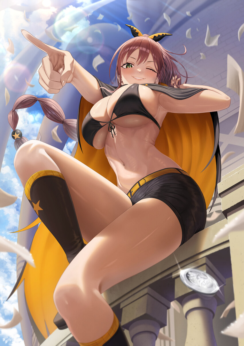 1girl armpits bikini black bikini black boots black shorts blush boots breasts brown hair coin commentary day foot out of frame front-tie bikini top …