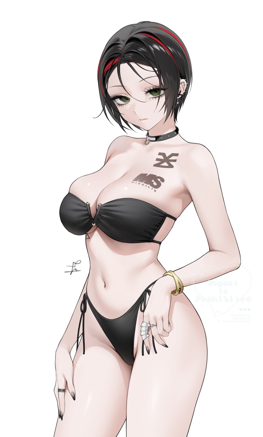 1girl barbell piercing bikini black bikini black choker black nails bracelet breasts choker cleavage closed mouth cowboy shot crow (nikke) curvy ear …